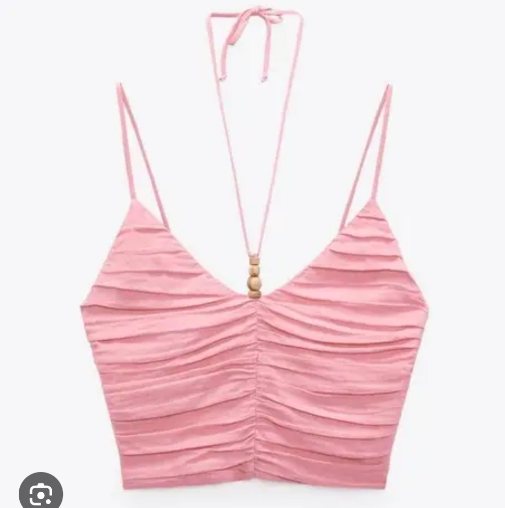 NWT Zara Women's Linen Blend Crop Pink Ruched Halter Top Size Medium
